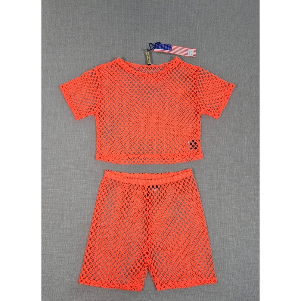 American Leisure Neon Orange Mesh Fishnet 2 Piece Crop Top and Shorts Set Small